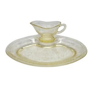 Yellow Depression Glass HAZEL ATLAS Florentine No. 2 11.5" Plate With Gravy Boat